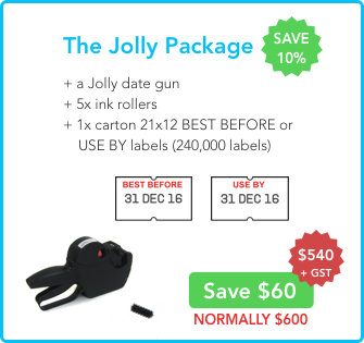 Sale - Jolly date gun + 1 carton 21x12 BEST BEFORE labels + 5 ink rollers